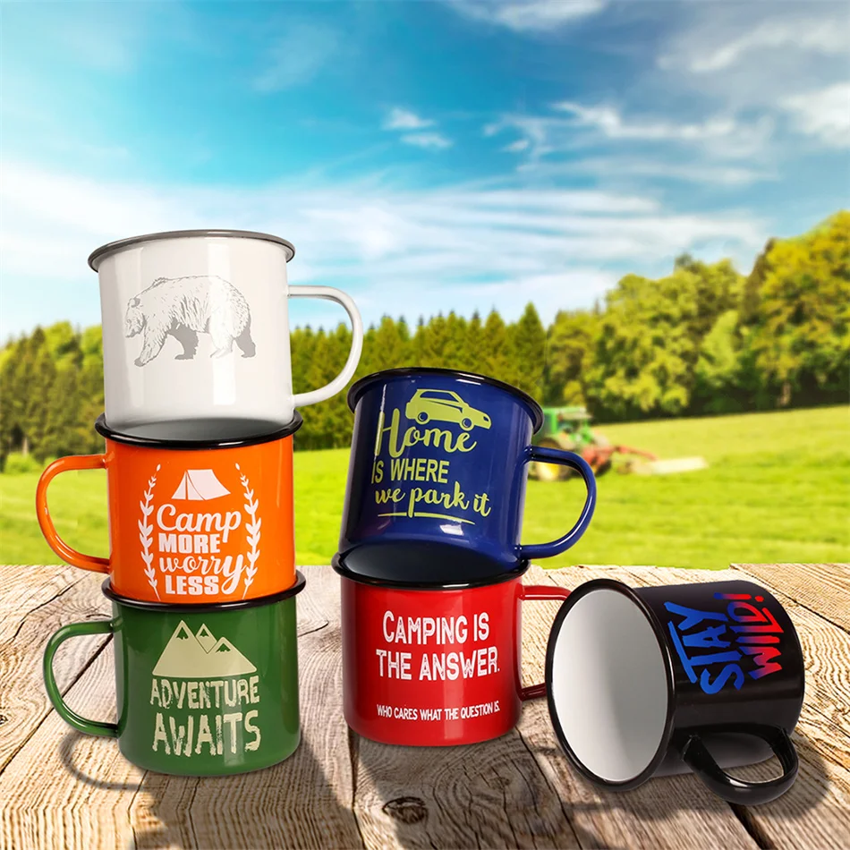 Let's Go Camping Enamel Camp Mug - 12 oz., White Enamel Mug, Coffee Mug,  Metal Camp Cup, Enamelware