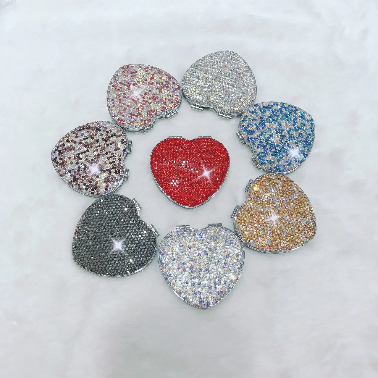 Heart-Shaped Compact Mirror Small Foldable Handheld Makeup Mirror With Sparkling Rhinestones