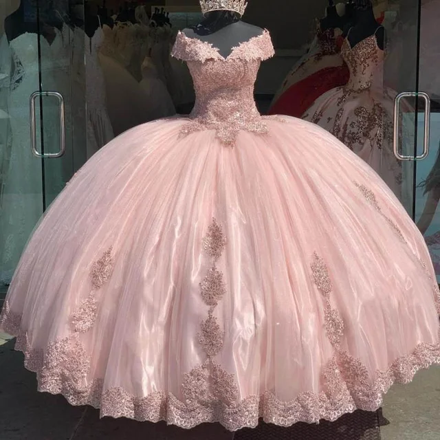 Mumuleo 2020 Off the Shoulder Puffy Pink Quinceanera Dresses Lace Applique Sweet 16 Prom Gowns Lace vestidos de 15 anos xv dress