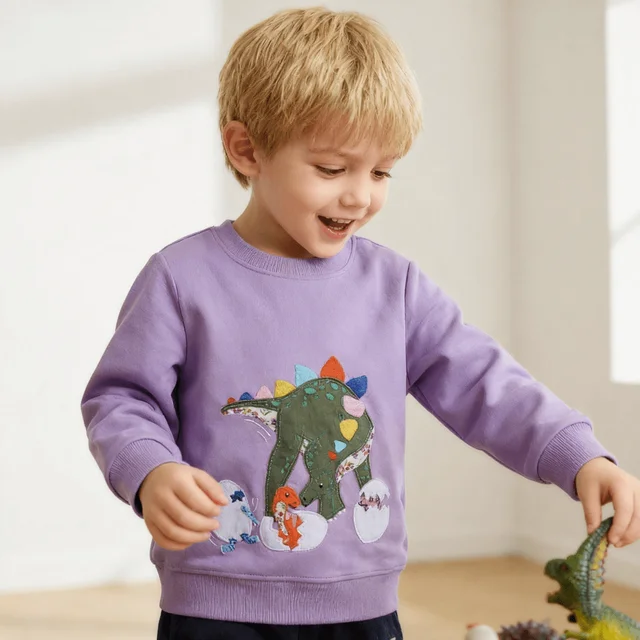 Children Boys Cotton Sweatshirt Autumn Sweatshirt with Lined Design and Cartoon Dinosaur Pattern for 2-7Y