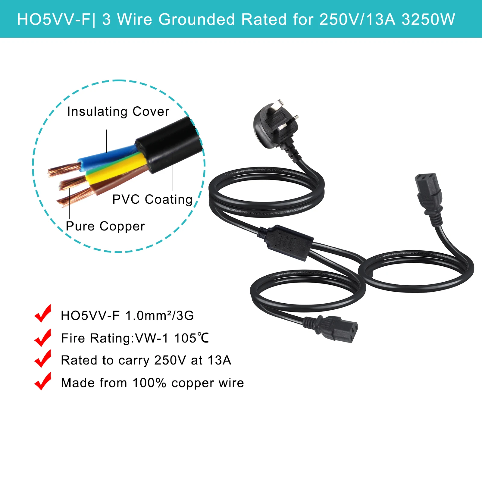 3 Pin Plug H05 H03 Pure Copper BS AC Cables 250V 13A 2 X IEC C13 Double Kettle Leads 2 Gang Extension Power Cord for Laptop