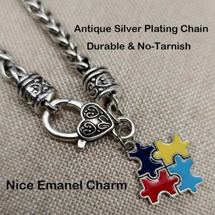 Autistic Awareness Chain Bracelet  with Autism Puazzle Pendant Antique Silver Plating for Gift Bangle Chain