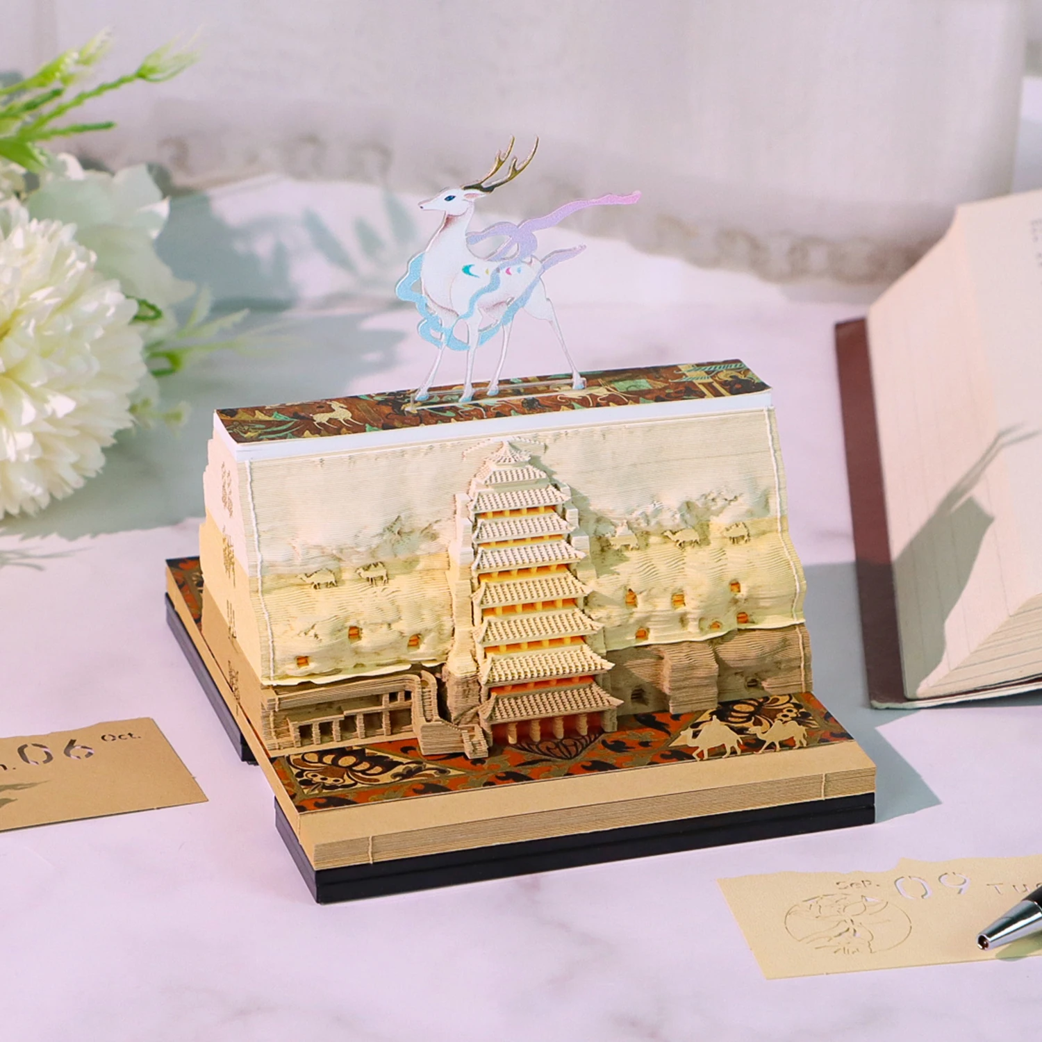 3D kalender afscheuren, 2025, 3D notitieblok, tafelkalender, notitieblok met licht, 3D castle, weekkalender met penhouder, 3D kunst, creatief papiersculptuur, knutsel doe het zelfcadeau