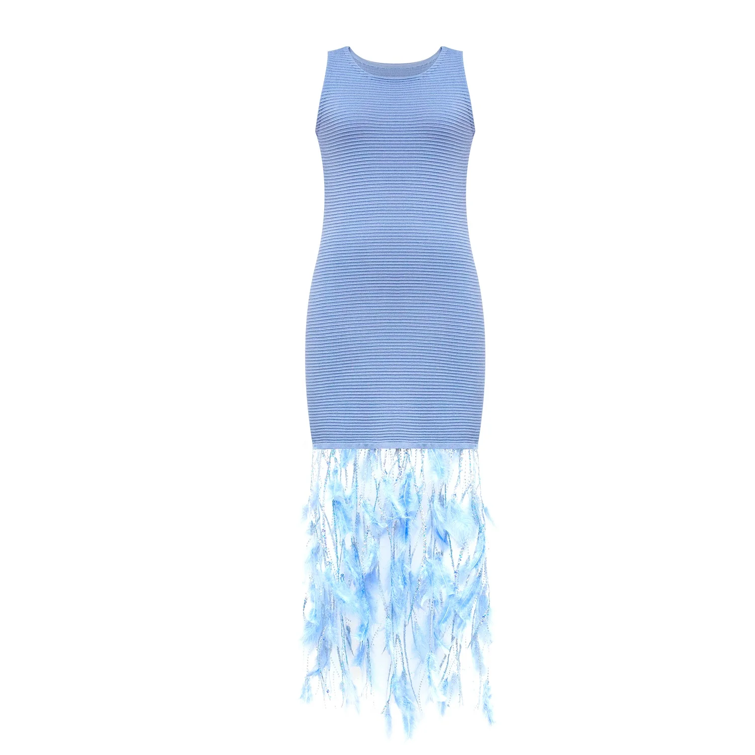 Custom High End Premium Chic Evening Haute Couture Dresses Luxury Elegant Feather Fringe Hem Sleeveless Bodycon Knit Dress