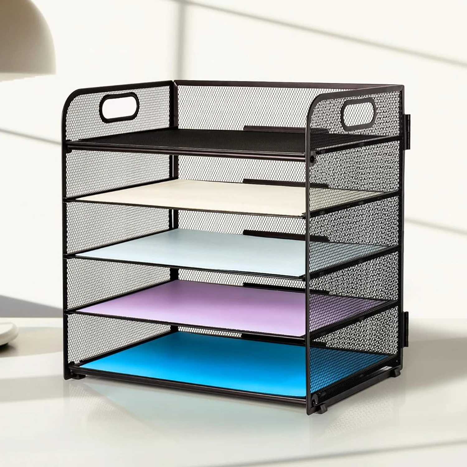 Manufacture Modern Multifunction Metal Mesh Desk File Letter Organizer Rack Handle 5-Tray Paper Sorter Office Home School