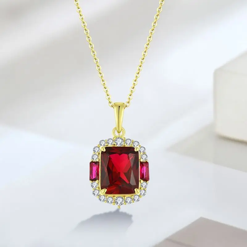 Luxury Shining 18k Gold Ruby Square Diamond Pendant Necklace Bling ...