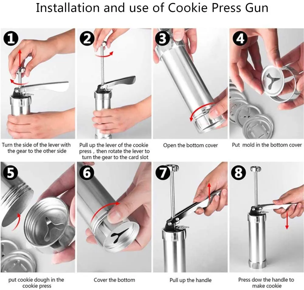 Cookies Press Cutter Set Manual Cookie Biscuits Press Maker Machine with 8  Replaceable Cookie Discs Molds and 8 Nozzles, Baking Tool for DIY Biscuit