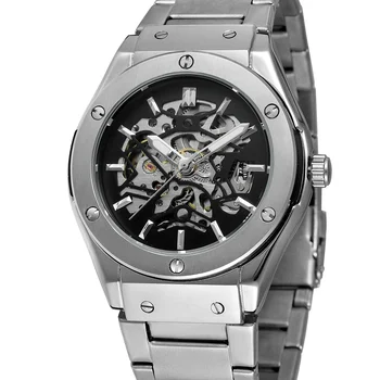 WINNER Top Luxury Brand Men Automatic Mechanical Watch Golden Metal Series 3D Bolt Skeleton Dial Metal Strap Male Wrist Watches