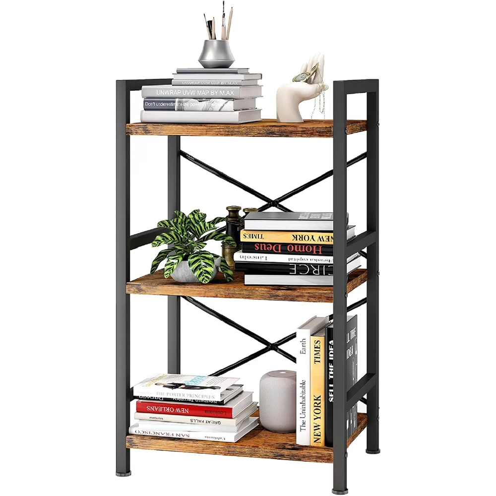 3 Tier Wooden Industrial Bookcase Rustic Etagere Book Shelf Storage Organizer Living Room Bedroom Home Office Hotel (Rustic