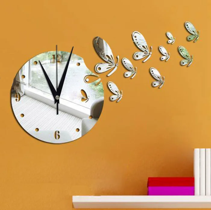 Plastic real acrylic large pattern mirror wall sticker butterfly 3d wall clock 