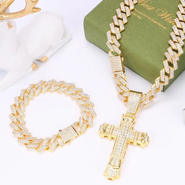 2024 Unisex Cuban Link Chain Hot Sale Gold/Silver Plated Made Zinc Alloy Fashionable Brand Cross Pendant Jewelry Necklace
