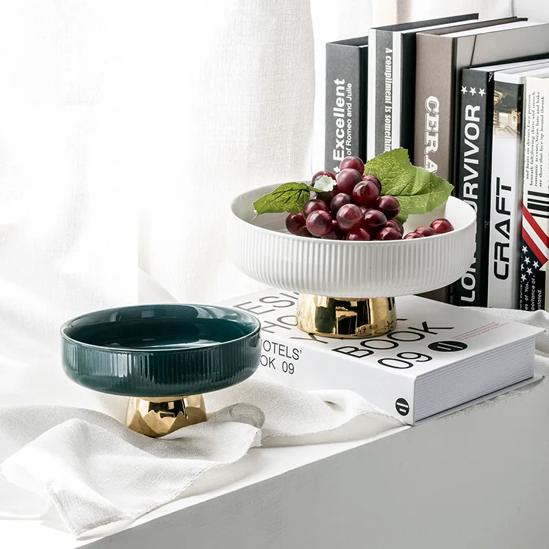 European Style Luxury Ceramic Fruit Plate Snacks Compote Candy Dish Creative Gold Plated Colored Buffet Use High Foot Salad Bowl