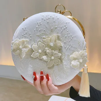 2024 Round Embroidery Flower Women's Hand Beauty Pearl Bag Wedding Clutch Purse Evening Bags