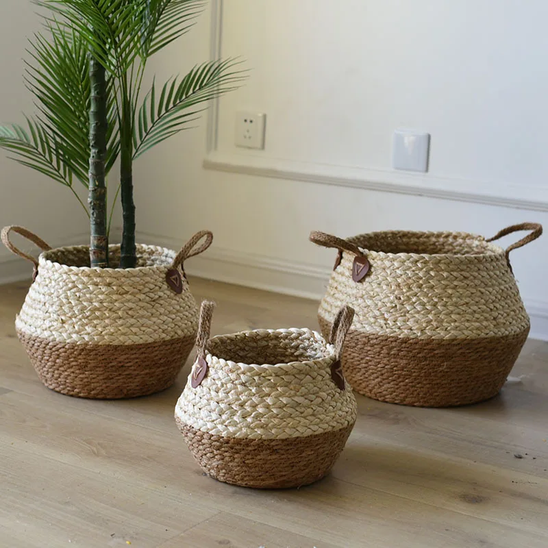 Storage Basket Rattan Straw Wicker Folding Flower Pot SeagrasssGardens Plante La 
