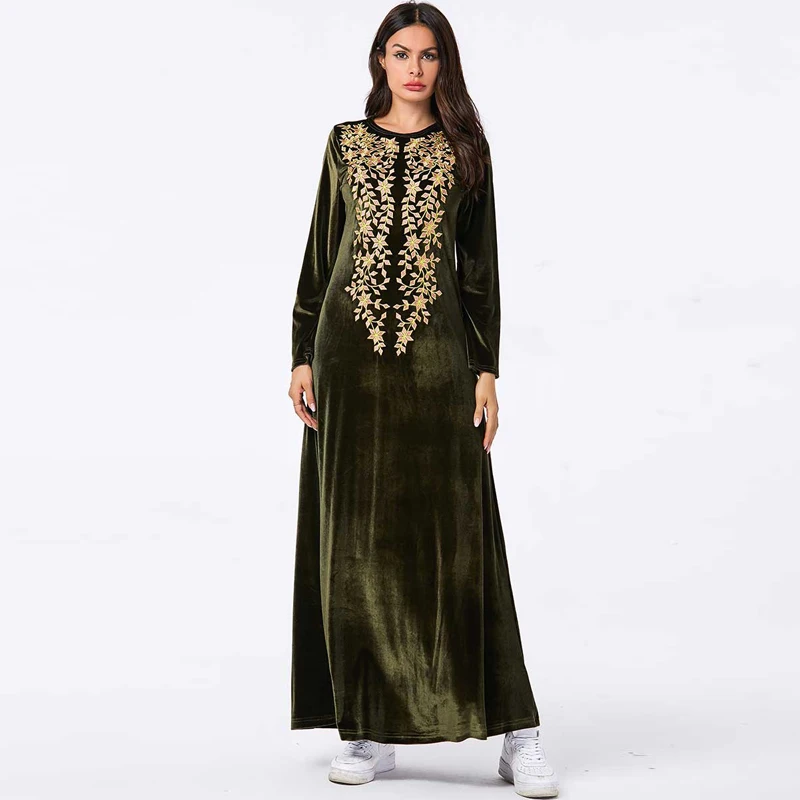 Embroidery Velvet Abaya Women Maxi Dress Muslim Dubai Kaftan Jilbab Long Robes 