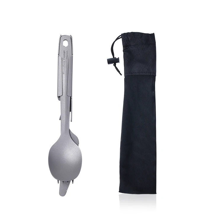 Boundless Voyage High Quality  Titanium  Stackable Camping Pocket  Folding Tableware Knife Fork Spoon Cutlery Set Lightweight