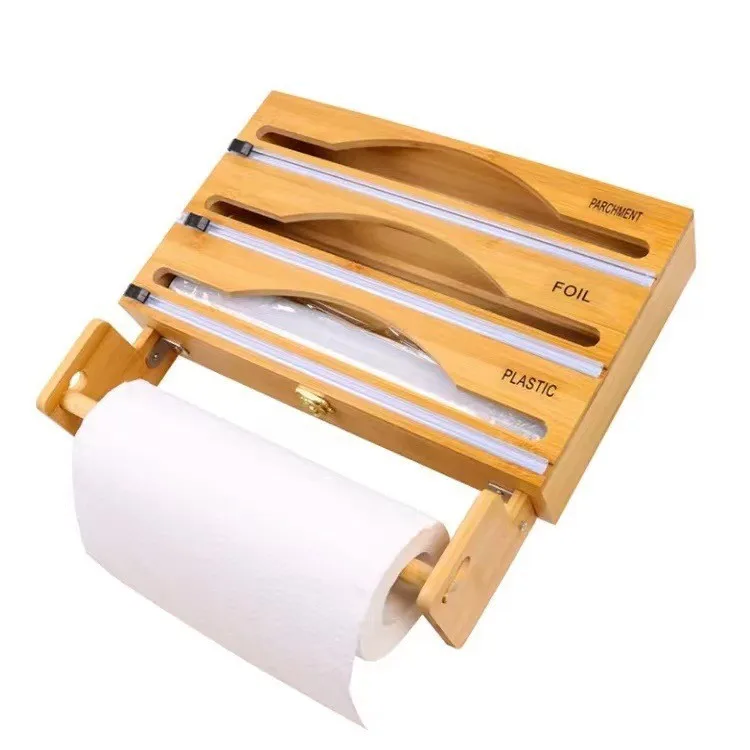 Bamboo Plastic Wrap Dispenser with Cutter Aluminum Foil Dispenser with  Labels for Aluminum Foil, Cling Wrap, Parchment Paper (3 in 1)
