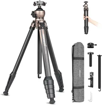 NEEWER 63" Travel Tripod Carbon Fiber With 360 Dual Panoramic Low Profile Ball Head for Quick Release & Lock, Convertible