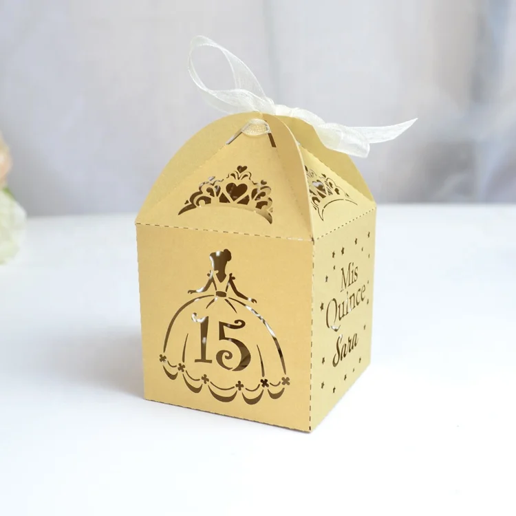 Cinderella Party Supplies Laser Cut Personalized Quinceanera Favors Box with Ribbon