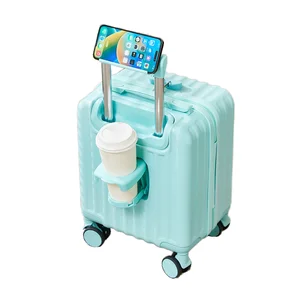 custom logo Modern 14 Inch  Spinner Boarding Suitcase Light Weight Lock Fashionable Unisex Trolley Luggage Cup Phone Holders Travel