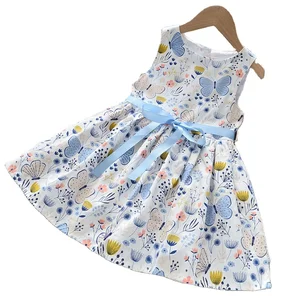 Wholesale Sleeveless Cotton Princess Dress for Girls Kids Clothing with Butterfly Print and Ruffle Decoration Striped Pattern