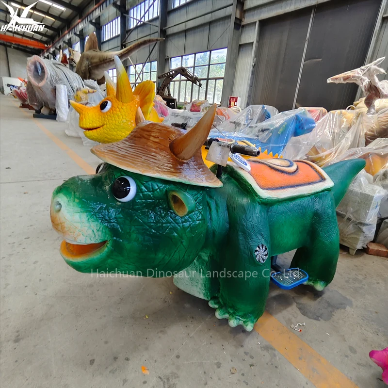 Dino Scooter Baby Coin Operated Electric Animatronic Walking Cartoon Dinosaur Ride Car Cute Hat for Metal Sports Park Airport