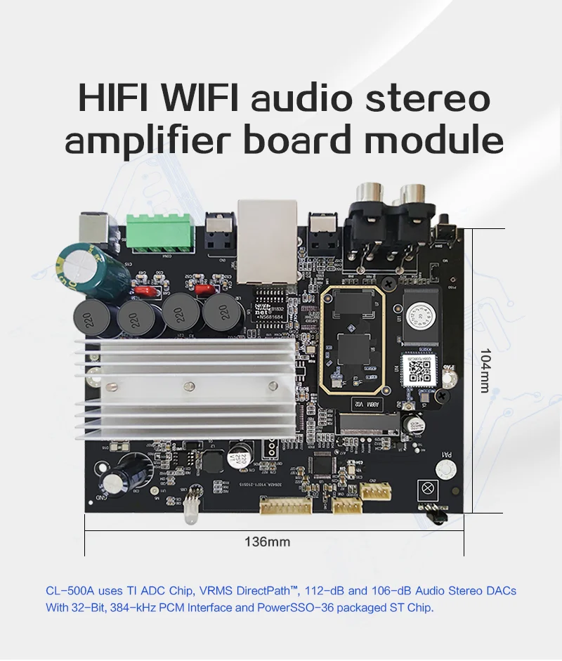 High power wifi 2.4G 5G  USB  optical  2  * 100w BT5.0 audio amplifier board with airplay2 audio receiver module