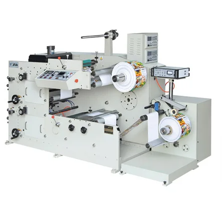 Automatic Roll to Roll Adhesive Paper Two Color Narrow Web Flexo Printing Machine with Rotary Die Cutting and Sheet
