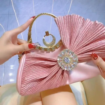 Women's Crossbody Clutch Bag Pleated Satin With Bowknot and Diamond Decoration Polyester Lining