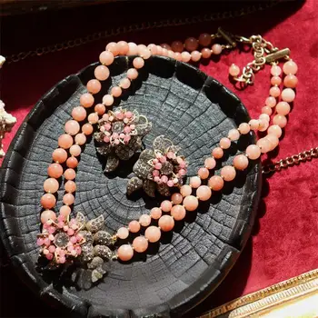 Antique Jewelry  Vintage Powder Glass Necklace Ear Clip with Zircon Gold Plated Middle Ancient Suit