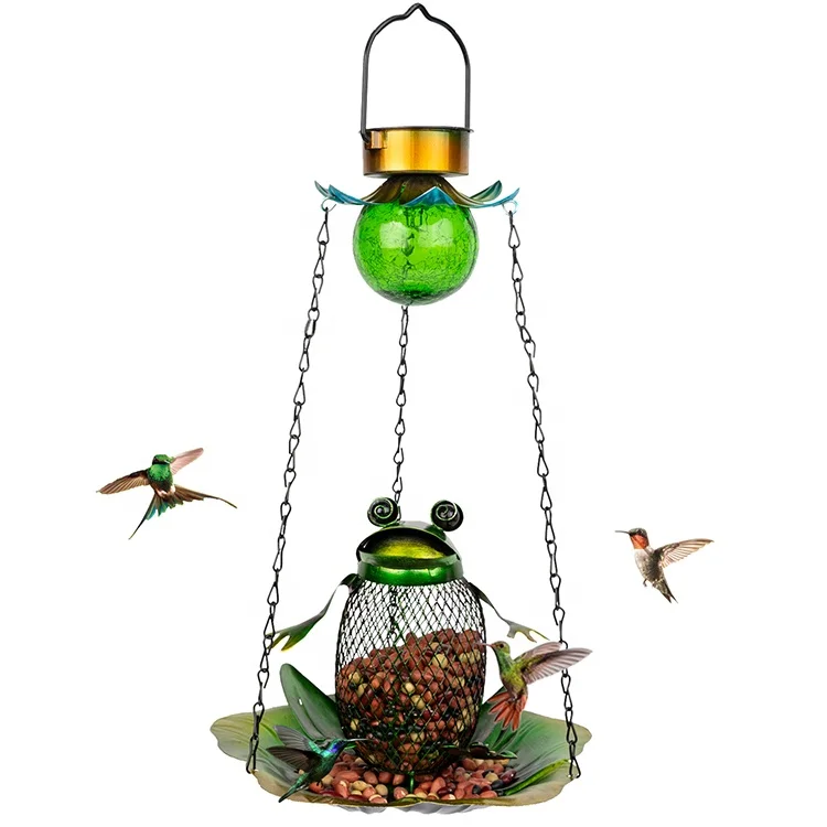 Wild Bird Solar Feeder Metal Frog Bird Feeder with Mesh with Chain Waterproof for  Outside Patio Yard 