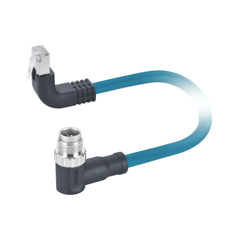 Shielded M12 X Code connector male  to RJ45 connector right angled male molded PUR 1m Cat 6A 4X2X26A