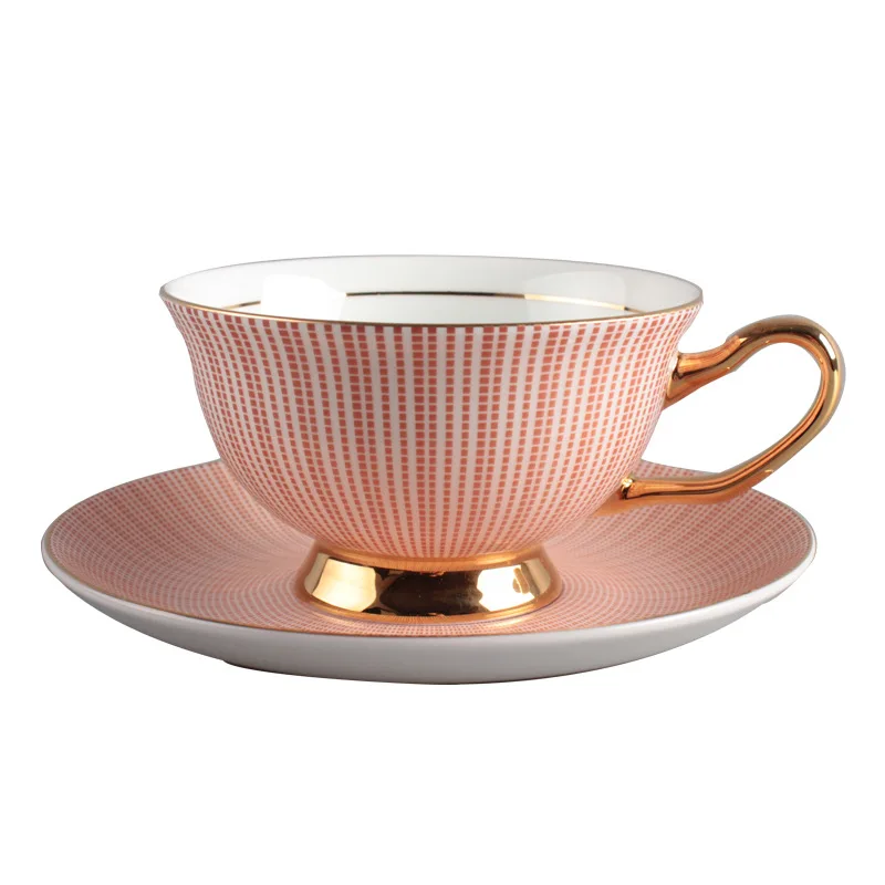 220ml Bone china Tea Cup and Saucer Set round Ceramic Gold Design Dishwasher Safe for Parties