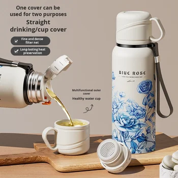 Blue Rose Thermos Cup Large 316 Stainless Steel Portable Double Lid for Home Office Car Modern Design for Tea Business Gifts