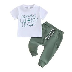 Customizable Patrick's Boys Summer Clothing Sets Clover Printed T-shirts Trousers 2 Pieces Casual Kids Clothing Sets