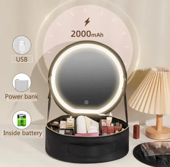 Makeup Bag With Round Mirror Rechargeable Cosmetic Case Woman Makeup
