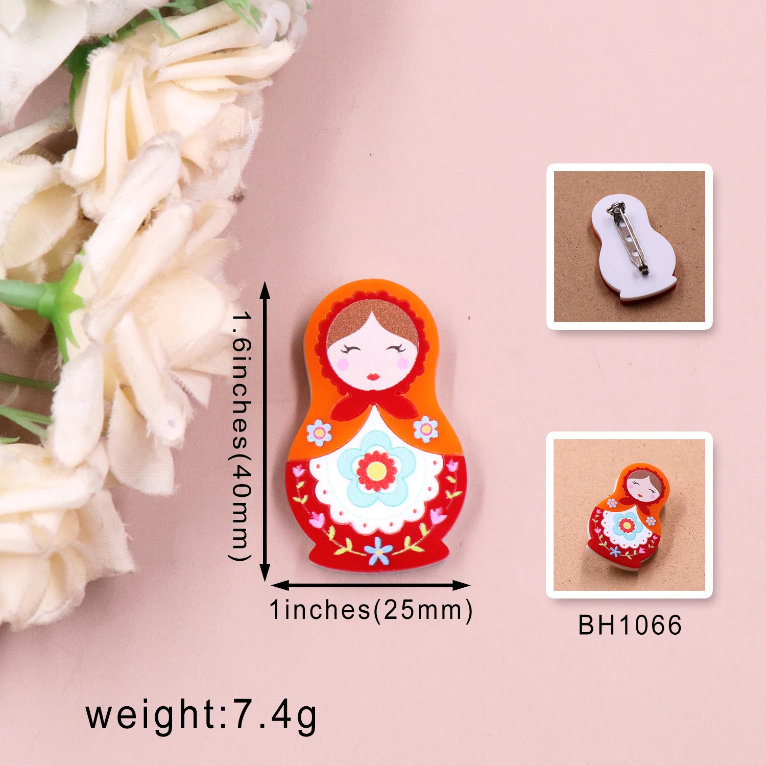 MD133BH1066 1pcs New Arrival Matryoshka doll Brooch (Safety Pin) cute Laser Cut Acrylic Jewelry Handmade Brooches manufacture