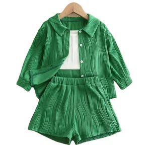 2026 Spring Summer Boutique Children Girl Clothes White Vest Green Long Sleeve Sunscreen Shirt Shorts 3Pcs Kids Fashion Clothing