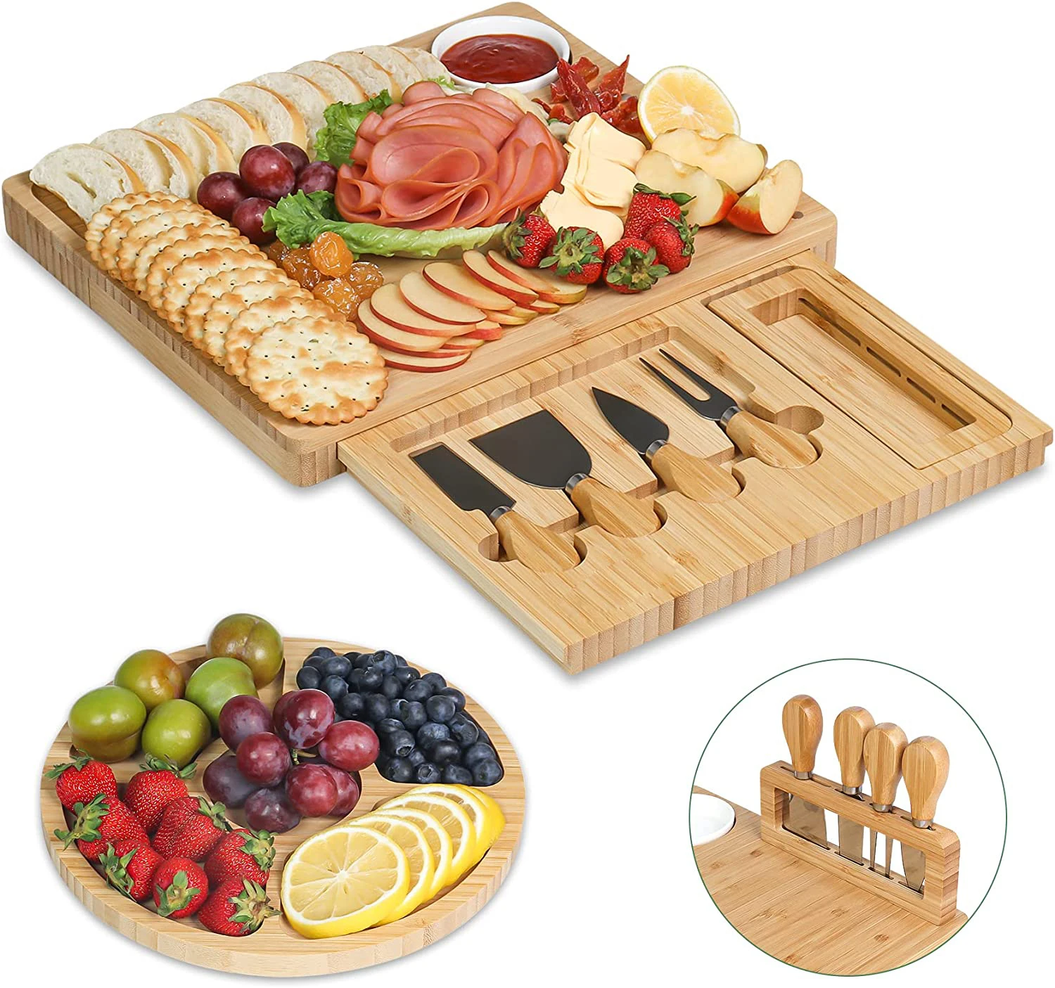 Extra Round Fruit Plate and Bamboo Cheese Board and Charcuterie Board with Knife Set