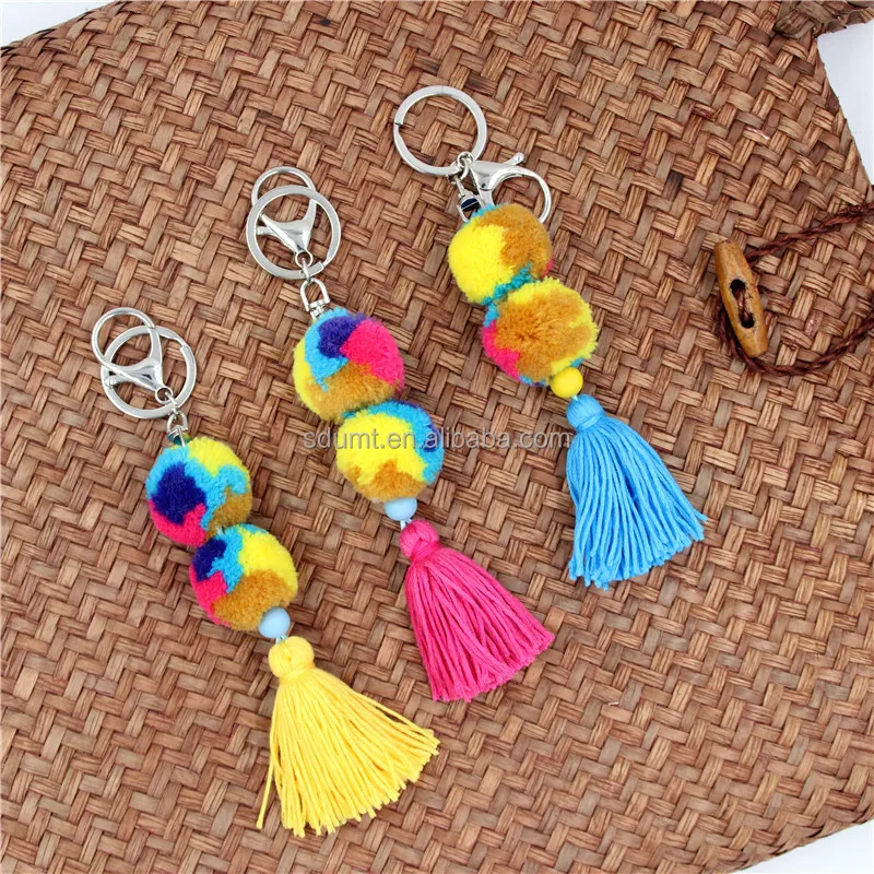 Boho Handmade Colorful Pom Pom Tassel Knotted Keychain Summer Beach Bag ...