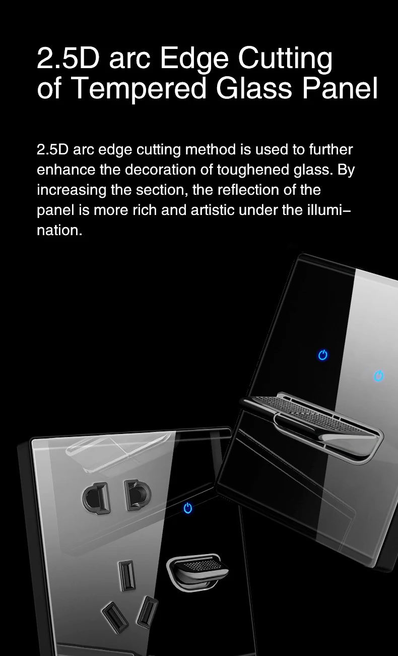 Sby Glass Automatic Reset Button Switch 1/2/3/4 Gang 1/2 Way Black Wall