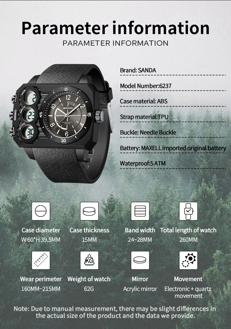 Sanda Outdoor Sports Waterproof Watch For Men Rugged Design With A Large Dial And Dual Display