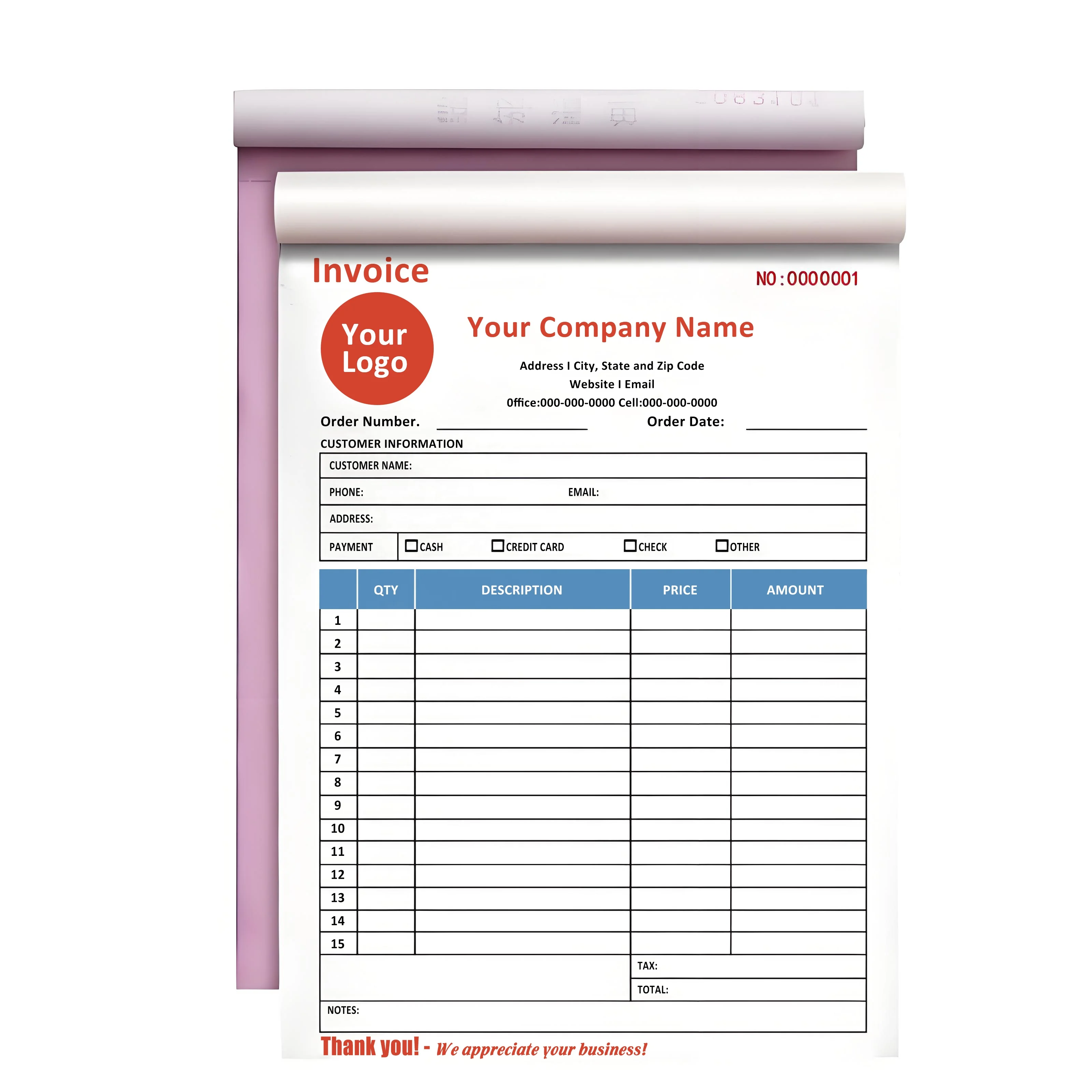 Custom Logo Purchase Order Form 2 Part A5 Carbonless Copies 8.3x5.5 Inch Invoice Book Carbonless Paper Cardboard Receipt Book