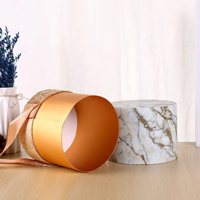 Wholesale Golden Custom Design Cylinder marble Packaging Paper Round Flower Box with ribbon