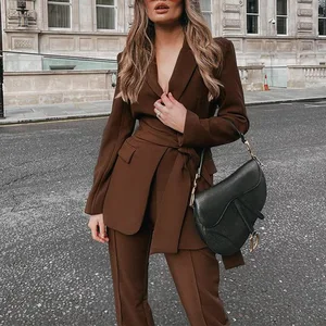 Autumn Winter Women's Business Suit Cross-Border Fashion Two-Piece Set V-Neck Advanced Lace-Up Trouser Thickened Advanced Suit
