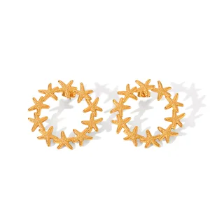 MW Stainless Steel Gold Beach Stud Shell Starfish Earring Dainty Vacation Beach Gold Round Circle Statement Earrings