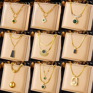 MW Wholesale Women's Necklace: 18K Gold-Plated Stainless Steel, Multi-Layer Chain with Fan & Geometric Heart Pendant