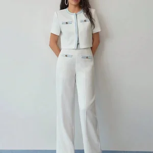 Custom Clothing Fashion Designed Buttons Waist Office Lady Trousers Straight Cutting Elastic Waist Women Knit Casual Loose Pants