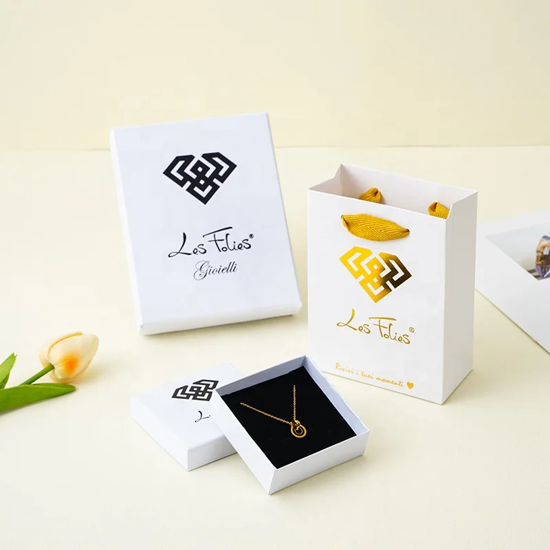 Jewelry Package Set Embossed Logo Printed Luxury Velvet Pouch Light White Lid Base Customized Shopping Cardboard Gift Box