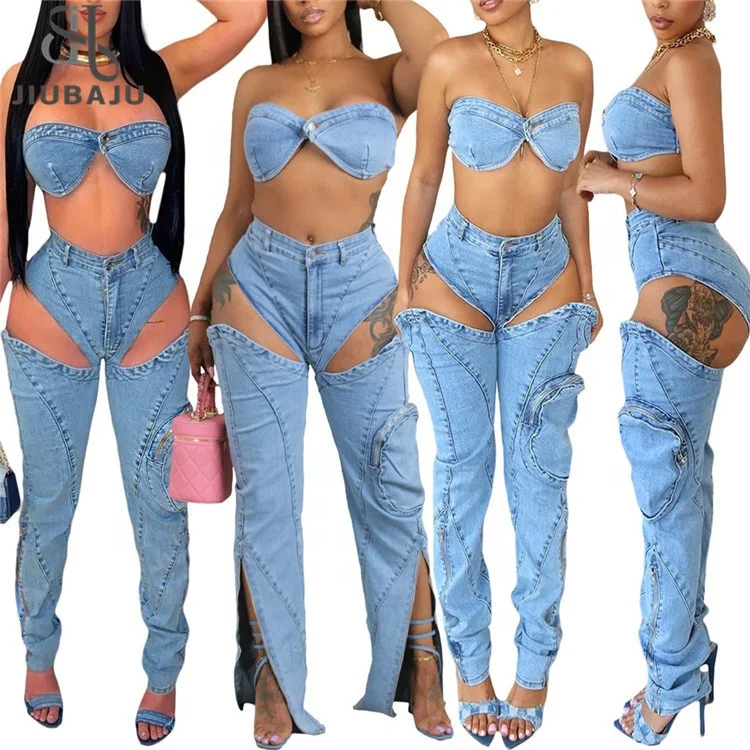 High Street Denim Pants Outfit Set Sexy Women's Club Wear